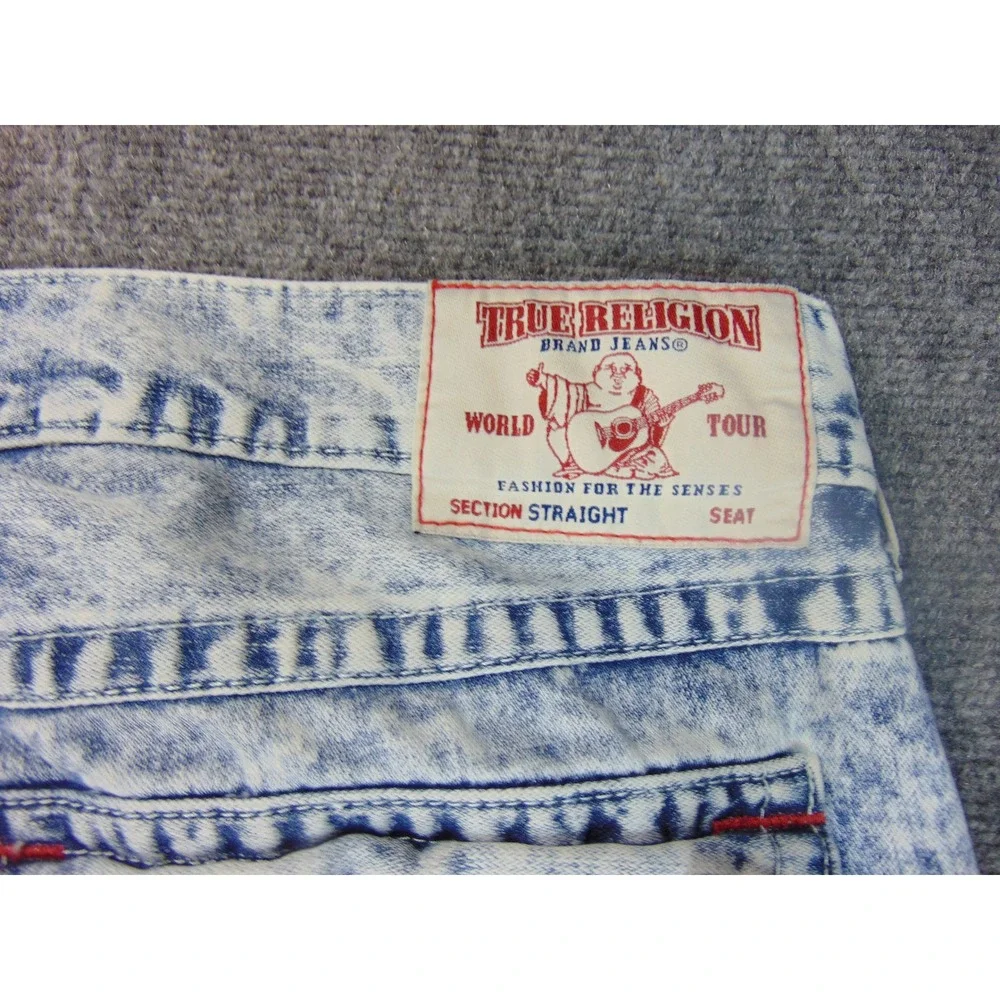 True Religion Jeans Mens 42x32 Blue Acid Wash Distressed Flap Pocket Y2K Grunge
